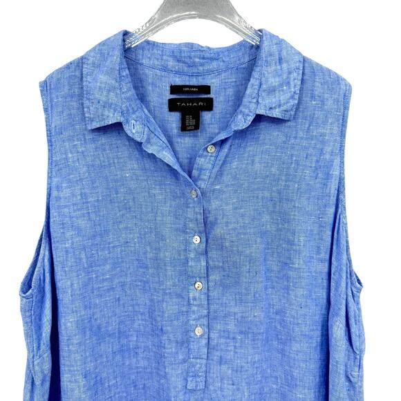 Tahari Plus Blue 100% Linen Sleeveless A-line Popover Collared Shirt Dress - Picture 3 of 5